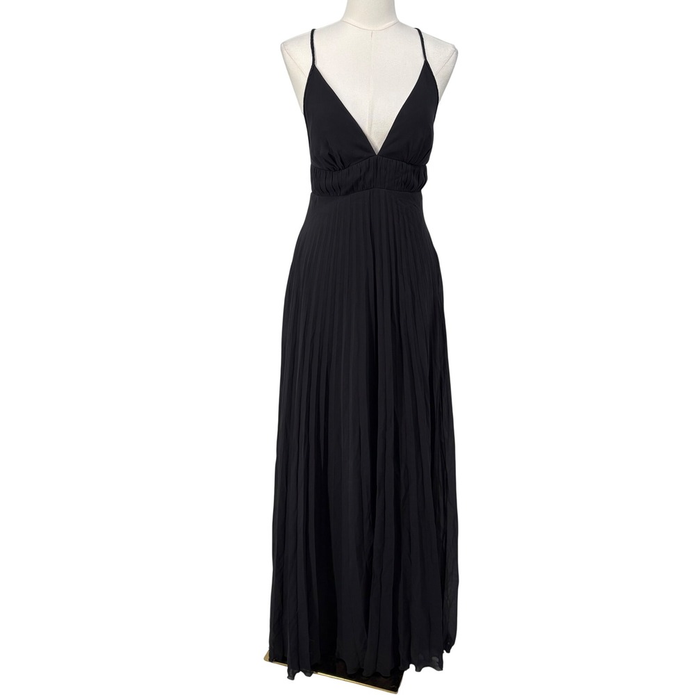 BCBG‎ Paris Black 100% Silk Pleated Maxi Dress V-Neck Braided Straps Size 8 Y2K